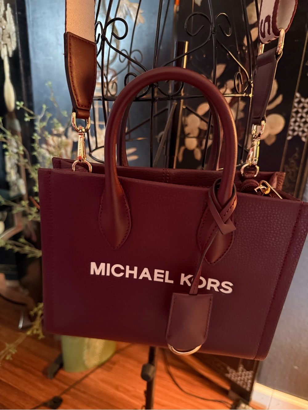 Michael Kors Wine Leather Satchel with Logo Strap